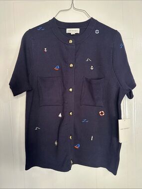NWT Free Assembly Navy Embroidered Short-Sleeve Cardigan